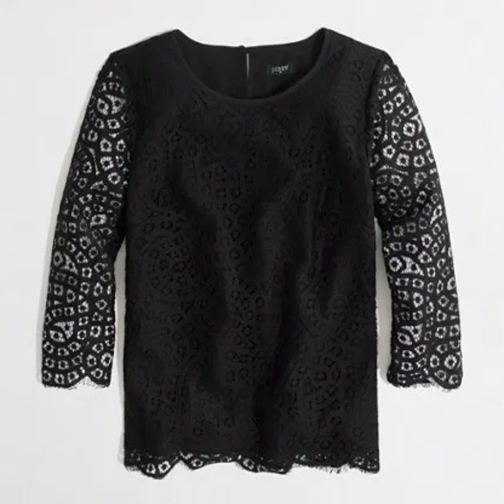 NWOT J. Crew Scalloped Black Lace Top 3/4 Sleeve - Picture 1 of 8